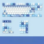 Premium Genshin Impact Furina side-engraved translucent PBT keycaps set, elegantly showcasing vibrant hydro-themed legends from multiple angles.
