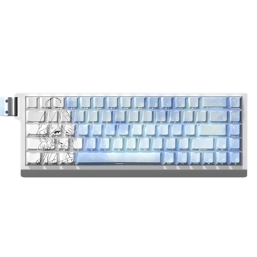 Close-up of the exclusive Genshin Impact Furina PBT keycaps set, showcasing vibrant character art and elegant side-lit legends.