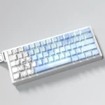 Exclusive Genshin Impact Furina PBT keycaps set, showcasing vibrant character art, an elegant blue/white palette, and crisp side-lit legends from multiple angle.