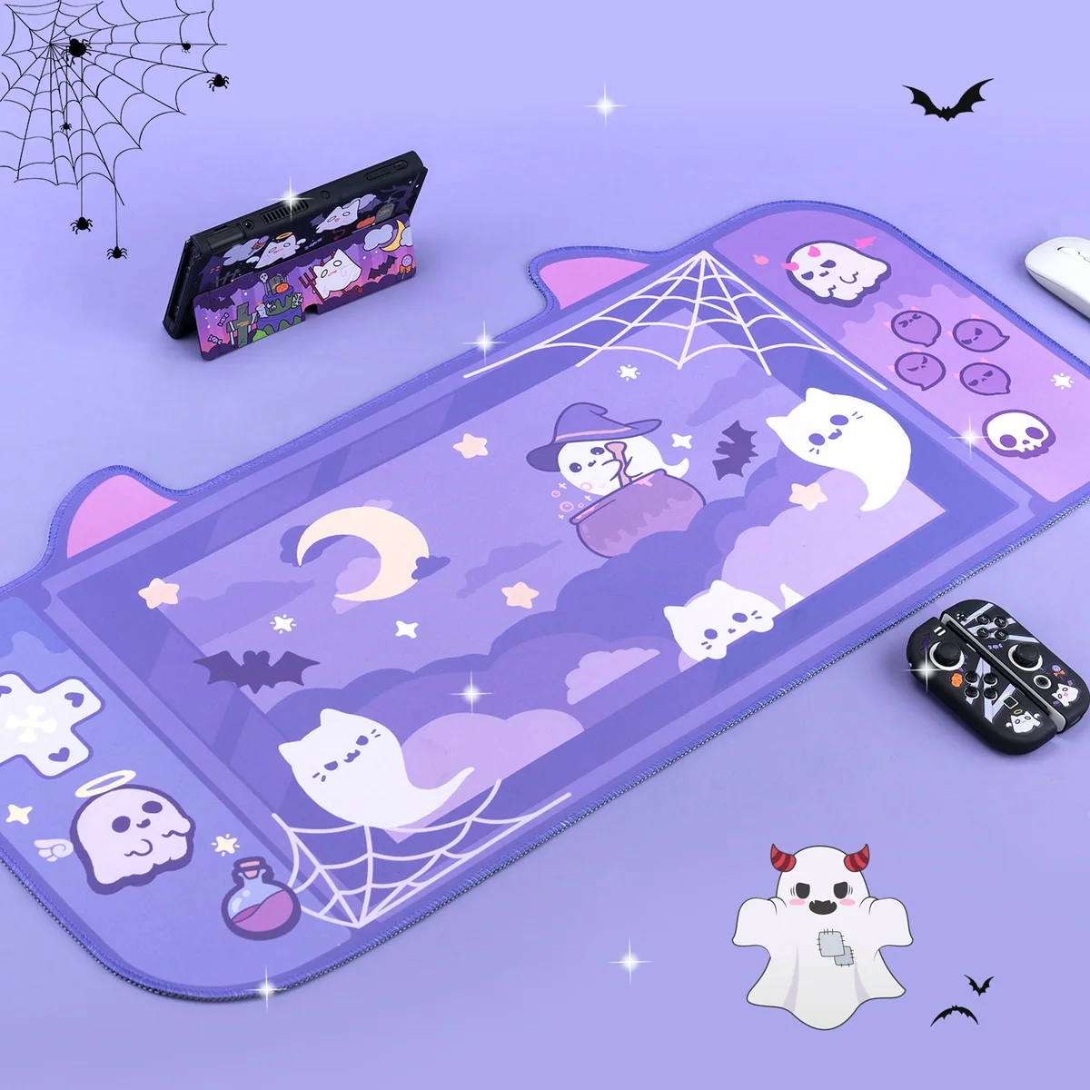 Detailed shot of the oversized Playful Ghost Desk Mat and matching wrist rest, featuring charming ghost figures for a unique, subtly spooky desk aesthetics.