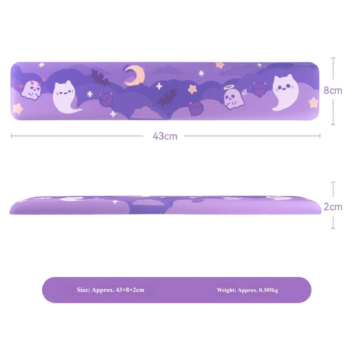 Playful oversized Ghost Desk Mat and matching wrist rest from an angle, highlighting charming ghost figures for a unique, subtly spooky desk.