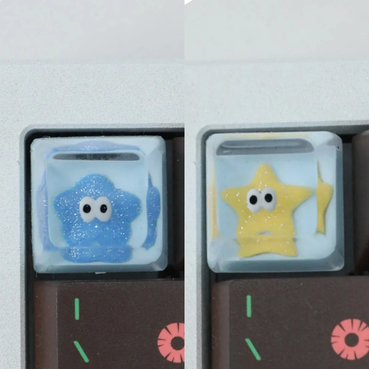 Close-up of a handcrafted glitter little star keycap, showcasing its unique sparkling design with whimsical celestial elements and vibrant accents.