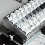 Detailed shot of OPXY White Cherry Keycap Set, showcasing the striking fluid monochromatic design and premium feel perfect for mechanical keyboard.