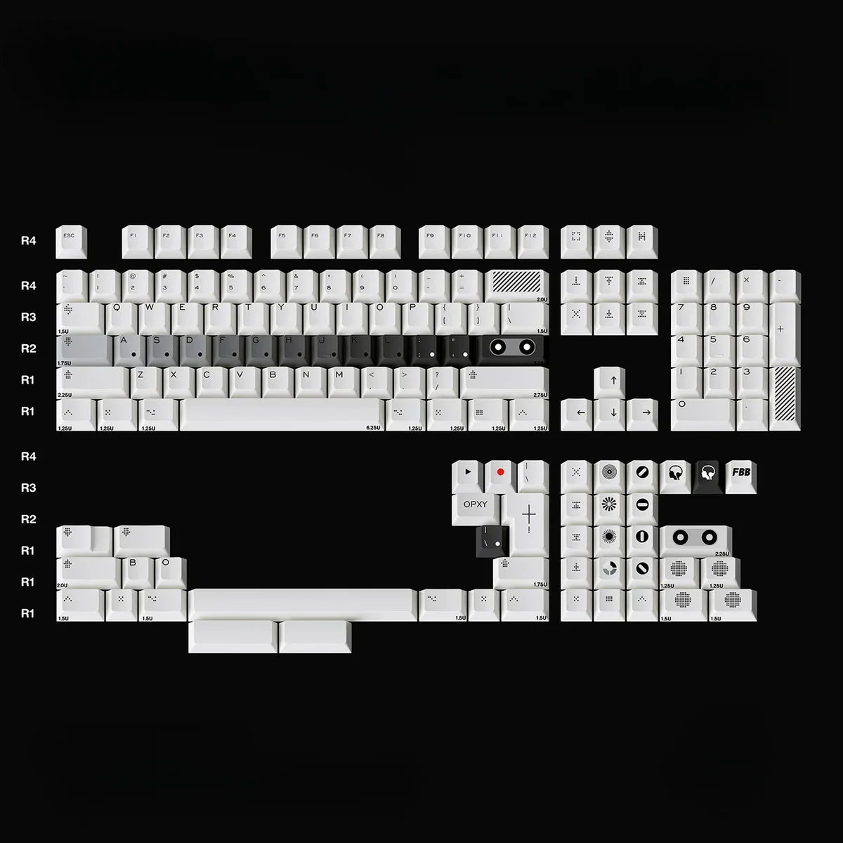 Detailed view of the striking OPXY White Cherry Keycap Set, highlighting its modern, artistic monochromatic fluidity.