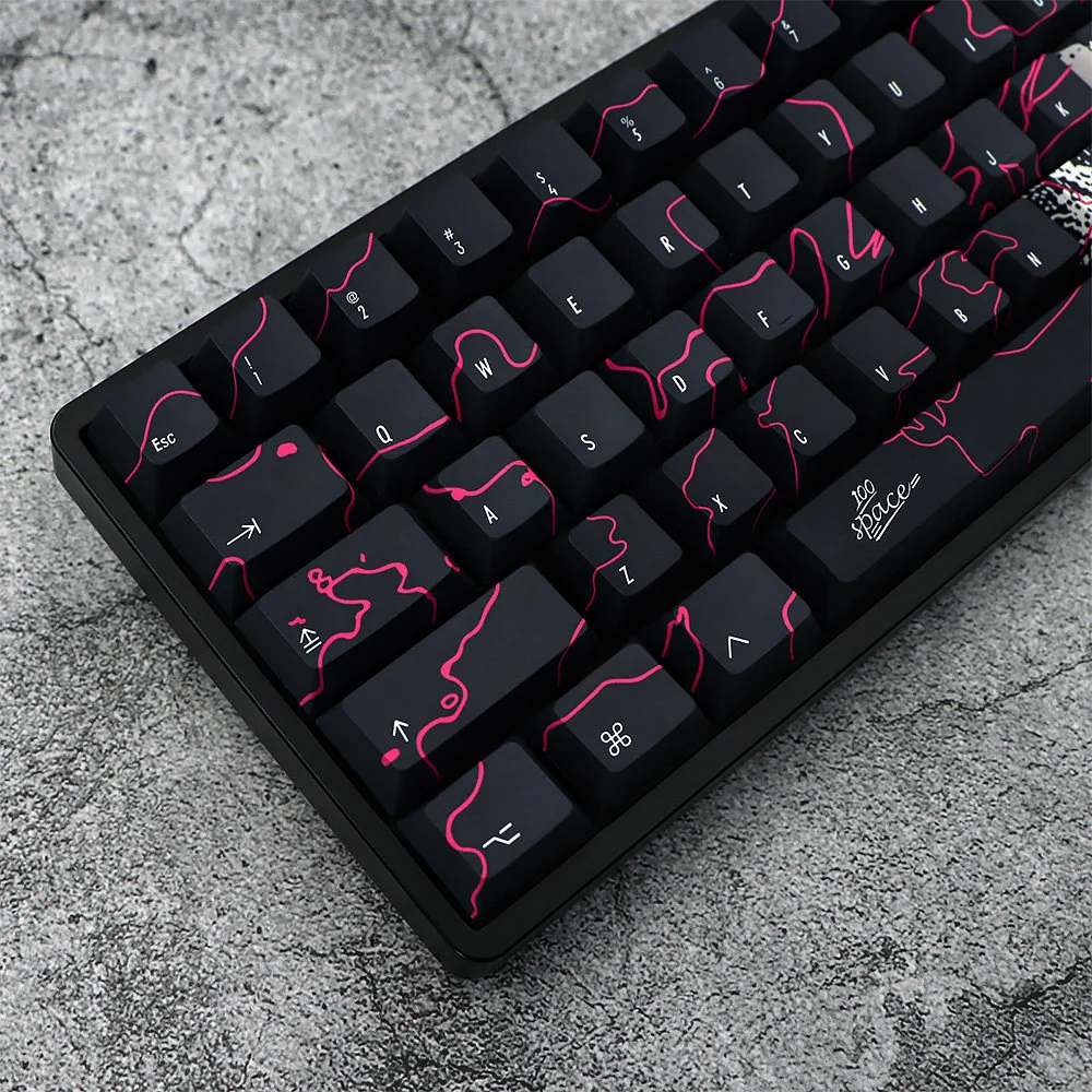 A dynamic close-up of the Urban Graffiti PBT Keycaps Set, revealing the durable black PBT construction and unique, vibrant street art designs from multiple angle.