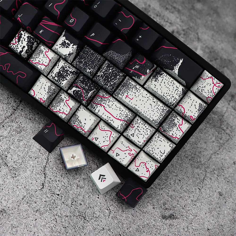 Close-up of Urban Graffiti PBT Keycaps Set, revealing intricate street art patterns and durable PBT material from an artistic side angle, enhancing customization setup.