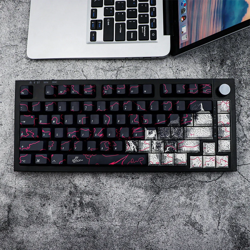Close-up of the Urban Graffiti PBT Keycaps Set, showcasing the unique, bold street art designs and the durable PBT material from multiple angles.
