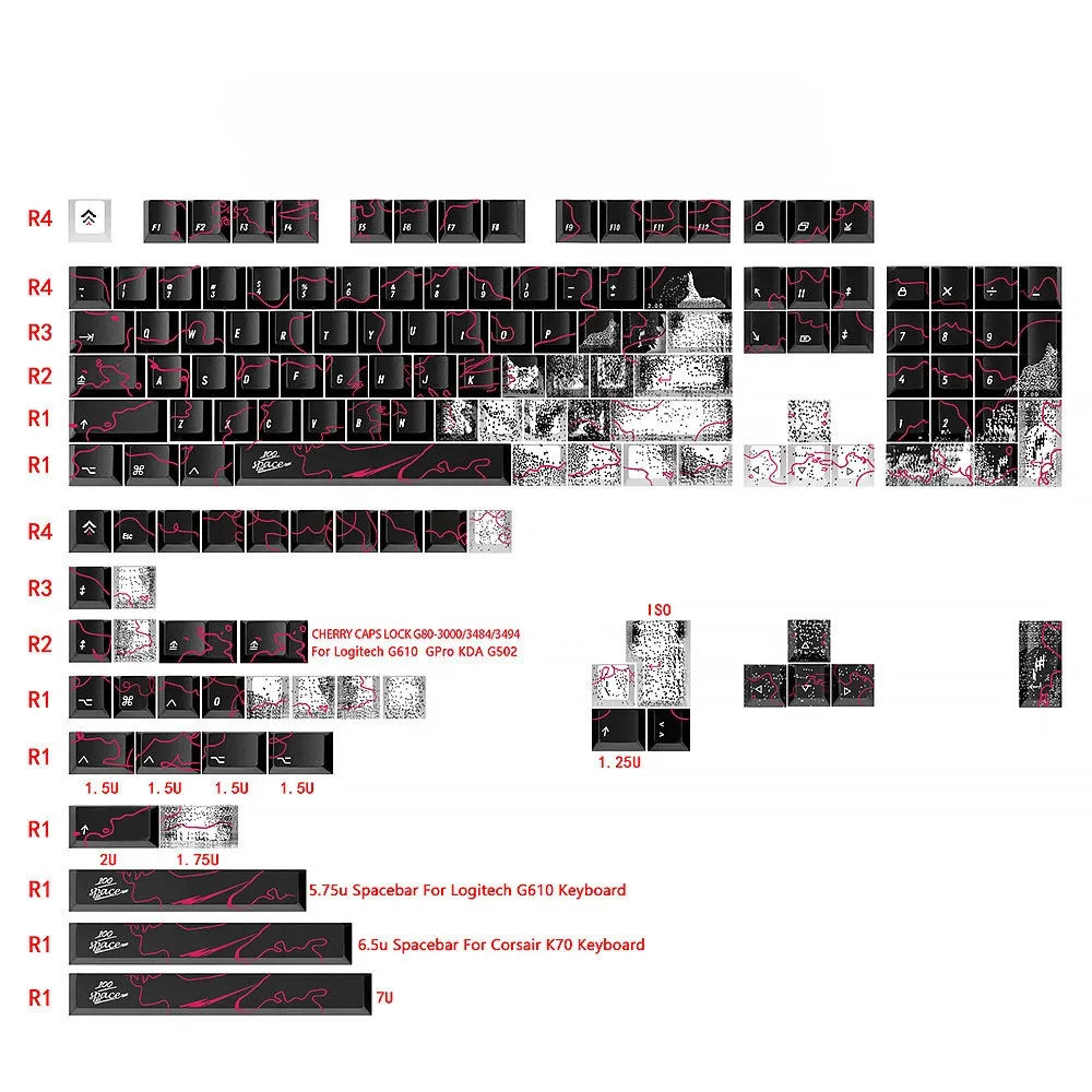 Urban Graffiti PBT Keycaps Set. Durable black PBT keys with vibrant street art, shown from a unique angle, perfect for custom keyboards.