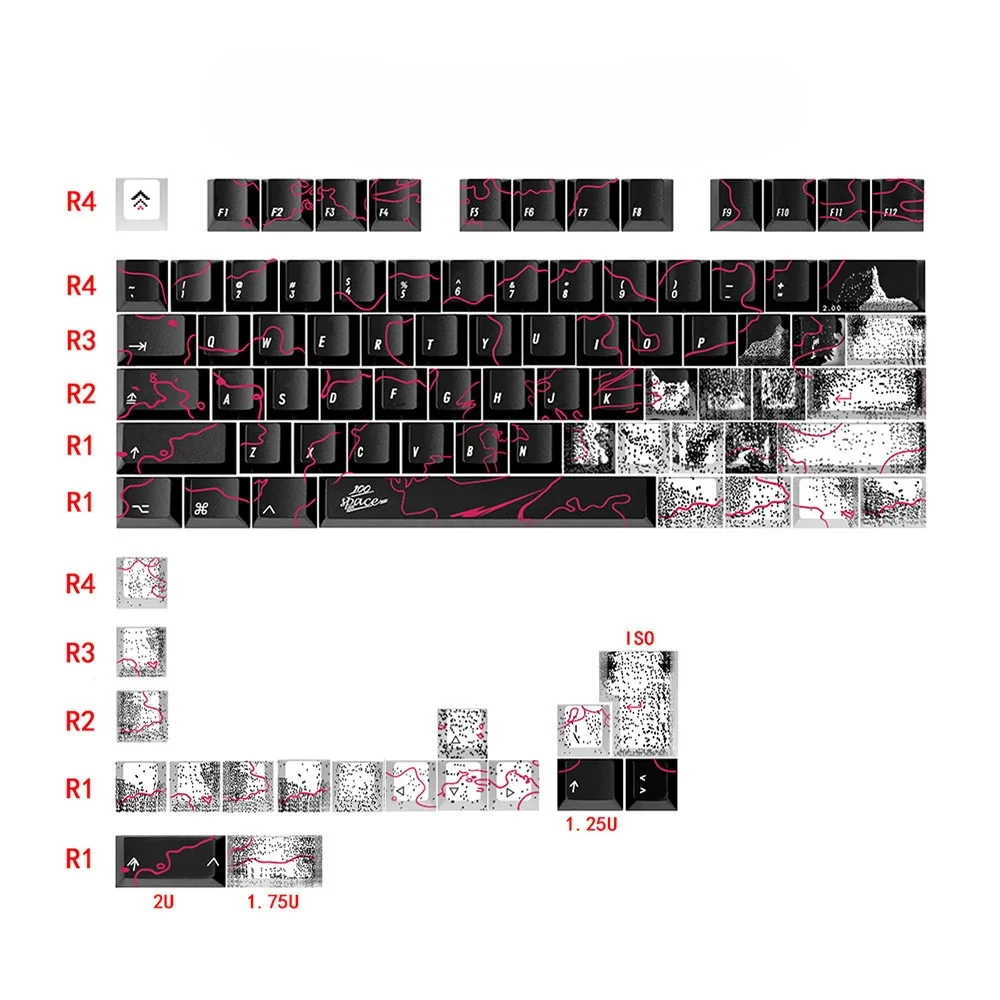 Bold black PBT graffiti keycaps set, Cherry profile, 92 keys, showcasing unique urban street art for custom mechanical keyboards.