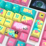 Dynamic graffiti splatter PBT keycap set, featuring vibrant colors and modern side-printed legends, optimized for RGB lighting, presented from multiple angle.