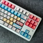 Close-up of the RX-78-2 Gundam keycaps set, showcasing their iconic mecha design and luxurious metallic finish from a unique angle, highlighting intricated design.