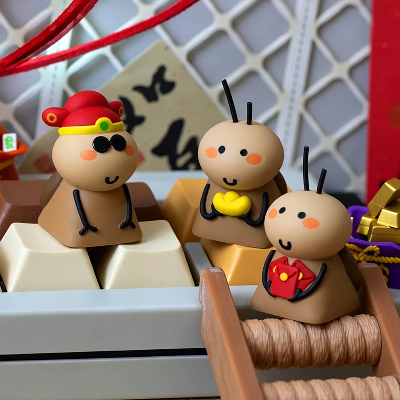 Artistic handcrafted artisan keycap: a detailed 3D Cockroach, symbolizing prosperity, intricately adorned with auspicious Chinese wealth symbols.