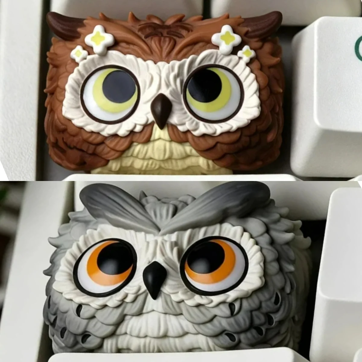 Close-up of a unique handcrafted resin owl artisan keycap, showcasing its enchanting forest design and meticulous details, perfect for custom keyboard.