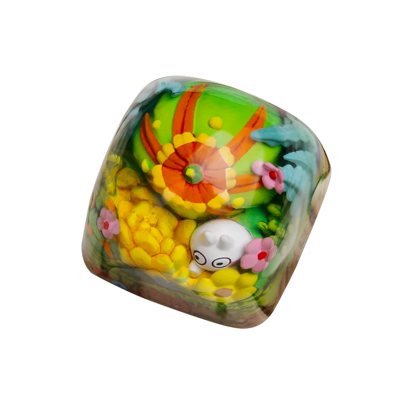 A collection of handcrafted epoxy resin succulent keycaps for ESC, showcasing vibrant miniature plants encased in clear resin from various artistic angle.
