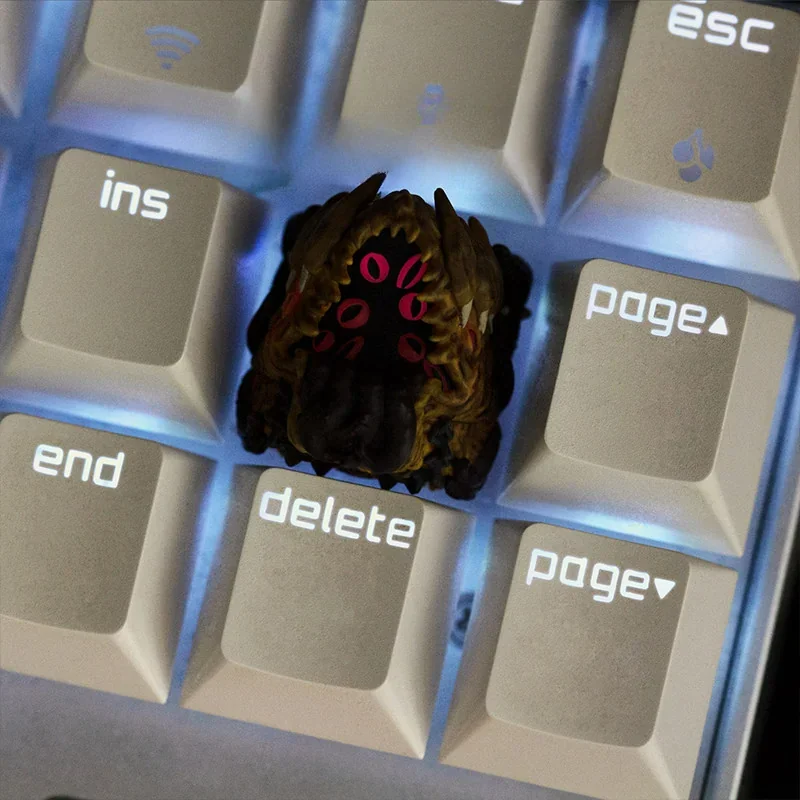 A collection of handcrafted Cosmic Dread Cthulhu resin artisan keycaps from various angles, showcasing intricate Lovecraftian horror details and dark accent.