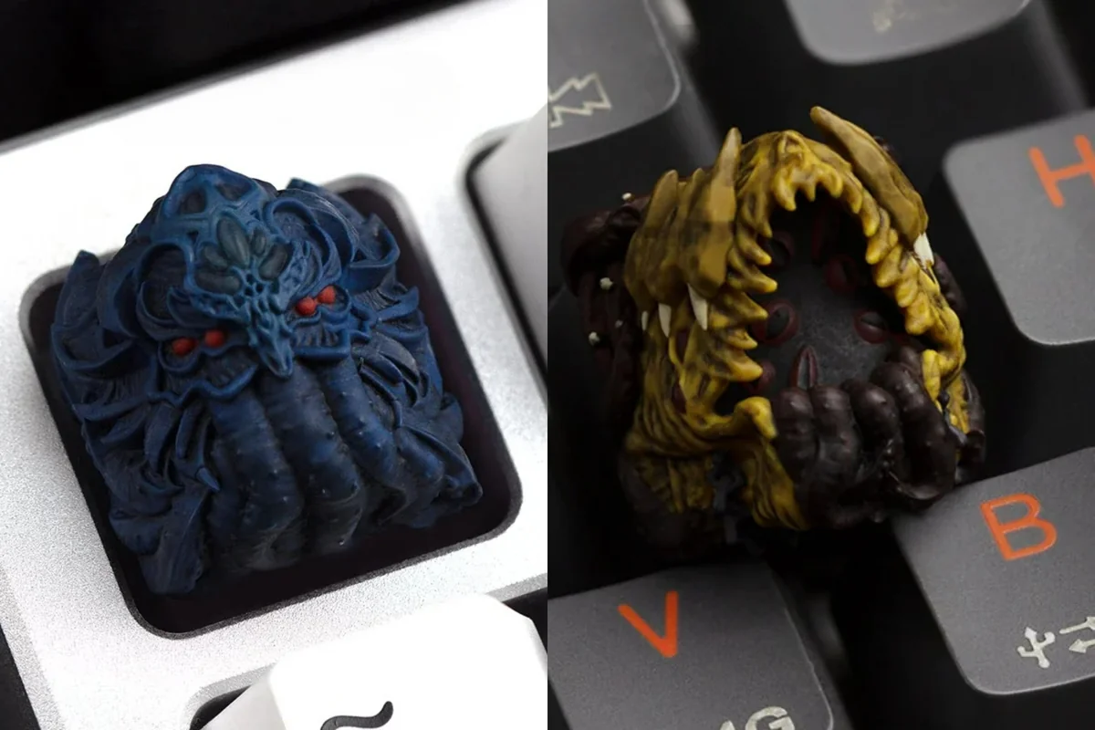 Dark, intricate, handcrafted Cthulhu resin ESC keycap showcasing a cosmic horror design, an artistic Lovecraftian artisan piece.