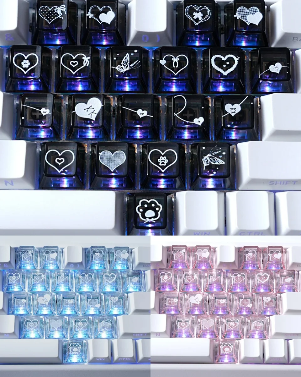 Delicate, translucent Heart Butterfly Supplement Keycaps set shimmering with romantic motifs, beautifully glowing with backlight for an artistic PC.