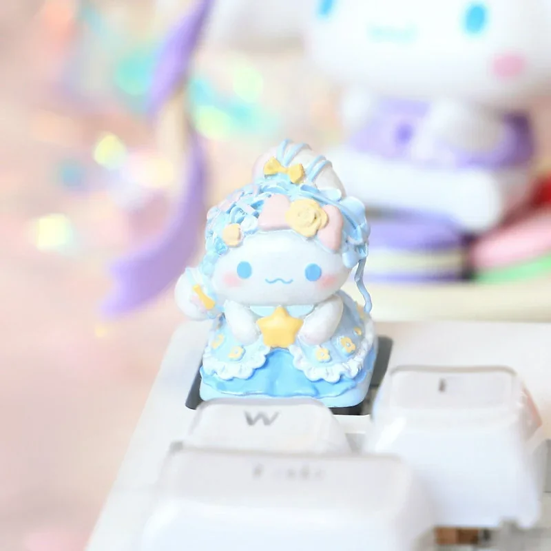 Close-up of a whimsical Cinnamoroll artisan resin keycap, featuring the adorable character, adding a playful charm to your keyboard.