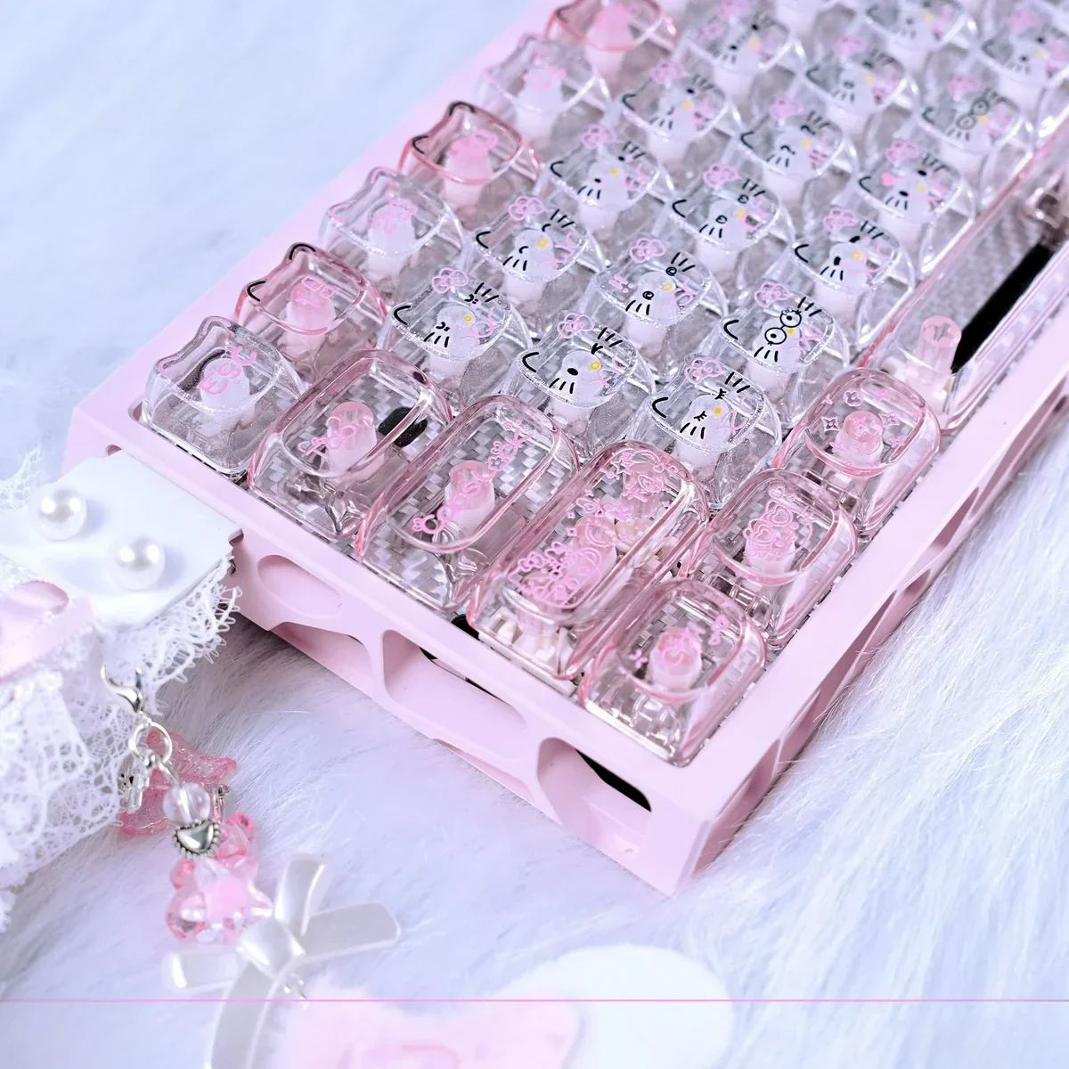 Hello Kitty glitter PC keycap set from a new angle, showcasing the adorable characters and dazzling transparent sparkle. A playful, nostalgic aesthetics.