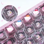 Sparkling Hello Kitty glitter PC keycap set, shown from a playful, unique angle highlighting its transparent and vibrant details.