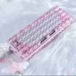 Sparkling Hello Kitty PC keycaps set in a vibrant, translucent design, captured from multiple playful angles to reveal their adorable glitter details.