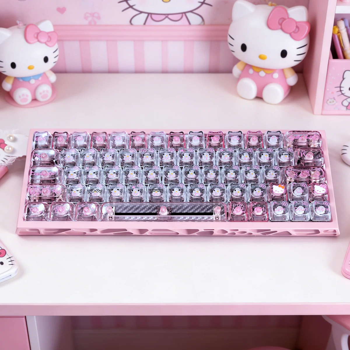 Sparkling Hello Kitty keycaps set with glitter and transparent PC design, offering a vibrant, playful, and nostalgic keyboard aesthetic.