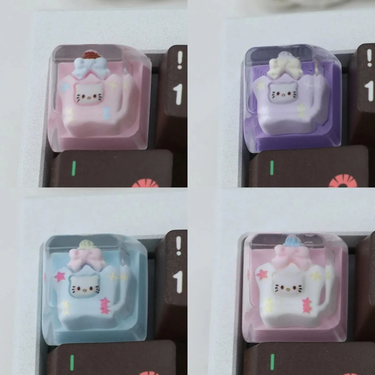 A dreamy pastel Hello Kitty artisan resin keycap showcasing Hello Kitty in a sparkling star bottle, an exclusive ESC keycap.