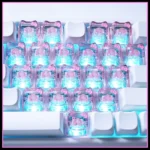 A playful gallery of iconic Hello Kitty translucent PC Supplement Keycap Set showcasing their glowing pink and clear design from various whimsical angles.