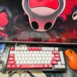 Hollow Knight The Knight PBT keycap set artfully displayed from various angles, highlighting its soulful, minimalist dark fantasy design and exclusive Cherry profile.