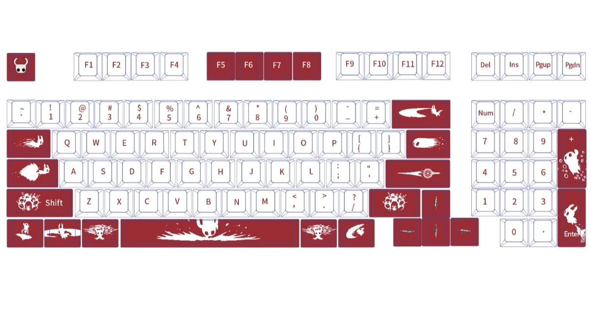 Hollow Knight The Knight PBT keycap set, showcasing its exclusive dark fantasy design from multiple angles, highlighting the soulful Cherry profile.