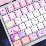 Honkai Star Rail Cyrene PBT side-lit keycaps set gallery, presenting translucent side-printed legends from various angles, highlighting premium design.