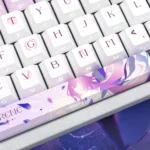 Honkai Star Rail Cyrene PBT side-lit keycaps set from various angles, showcasing the translucent side-printed legends and premium finish for dynamic design.