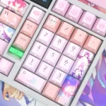 A gallery view of Honkai Star Rail Cyrene PBT side-lit keycaps set, presented from various angles to highlight their translucent legends and dynamic RGB lightning.