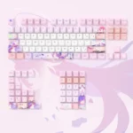 Premium Honkai Star Rail Cyrene PBT side-lit keycaps set, showcasing translucent side-printed legends for vibrant RGB illumination in a compact set.