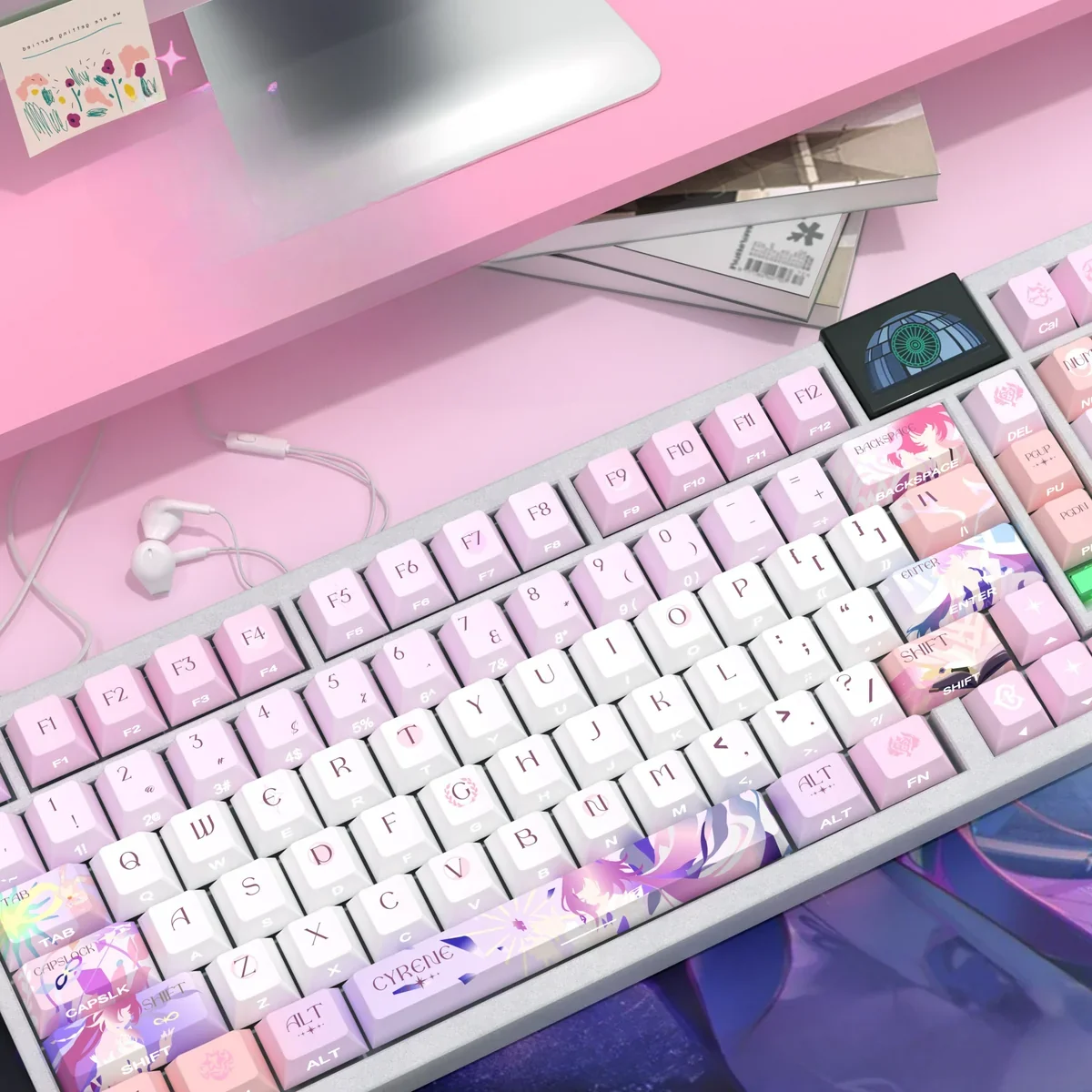 Premium Honkai Star Rail Cyrene PBT side-lit keycaps set, showcasing translucent legends designed for dynamic RGB illumination and a sleek aesthetic.