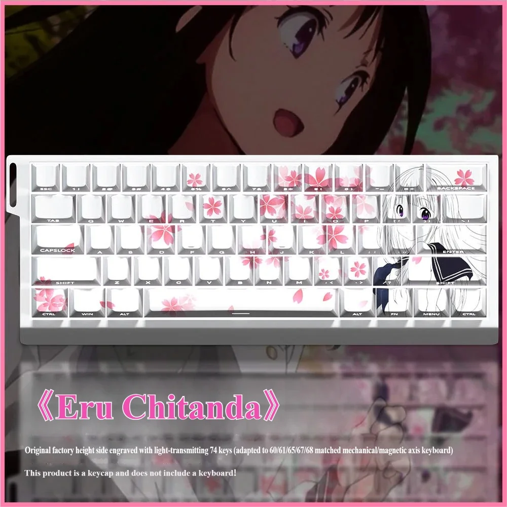 Hyouka Eru Chitanda themed PBT shine-through keycaps set, showcasing vibrant anime character art and crisp side-printed legends.