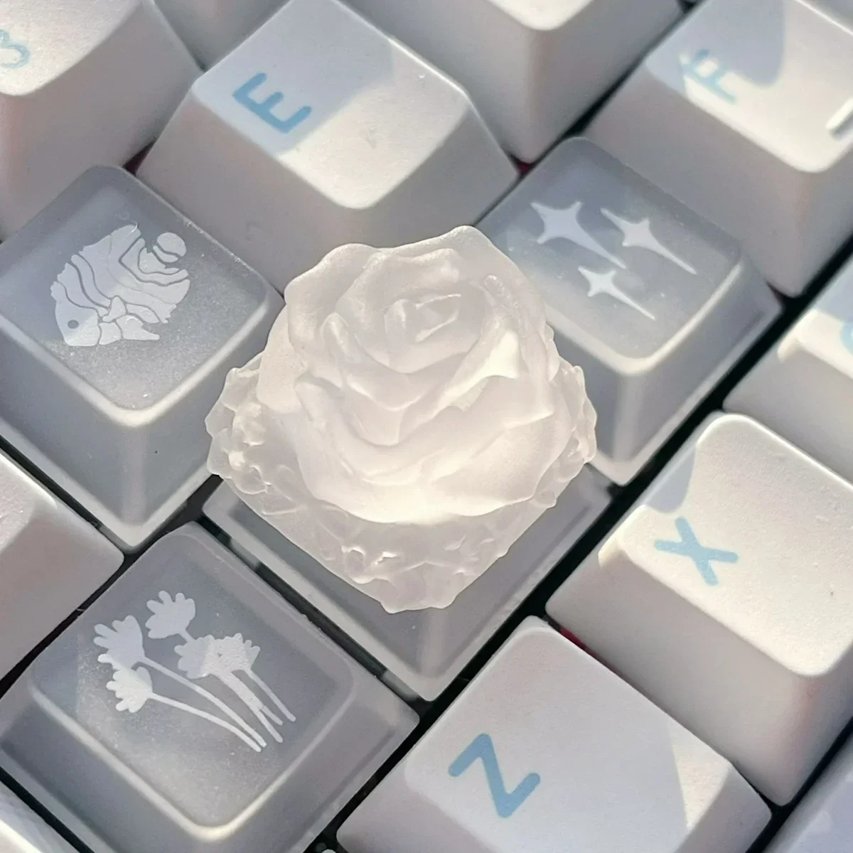 Ethereal Ice Rose Translucent Keycaps displayed from multiple angles, highlighting their misty frosted glow and delicate design, evoking a mystical glow.