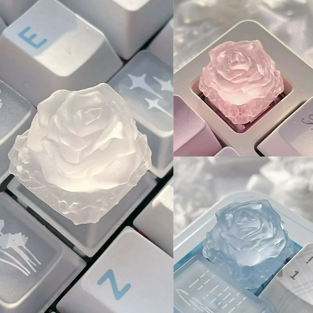 Ethereal Ice Rose Keycap glowing with a misty translucent frost, showcasing its delicate artistic design for a mystical keyboard aesthetic.