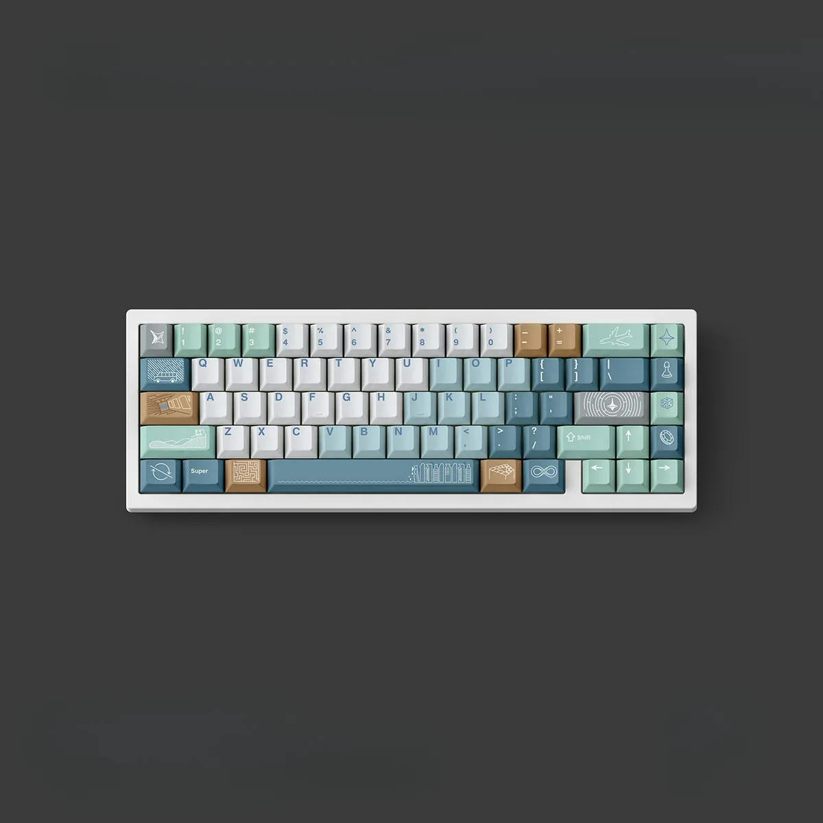 An artistic perspective of the durable Inception PBT keycaps set, showcasing the intricate, multi-layered dreamscape architectural designs on a keyboard.
