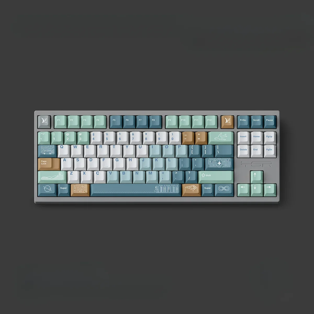 Angled view of the Inception PBT keycaps set, showcasing intricate, multi-layered architectural designs. These durable PBT keycaps evoke dreamscape design.
