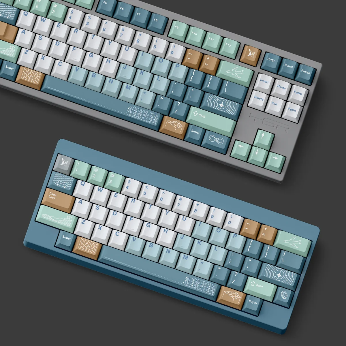 Durable Inception PBT keycaps set display. Intricate dreamscape architecture evokes surreal cityscapes and artistic depth for a unique keyboard.