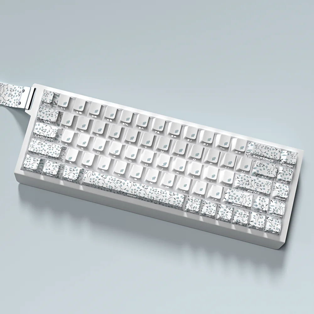Ink Painting Flower Cherry Keycap Set, showcasing dynamic, durable PBT designs with enhanced RGB from various views.