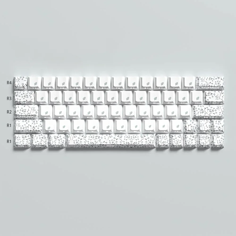 Ink Painting Flower Cherry Keycap Set gallery, displaying vibrant side-lit designs from various angles, emphasizing durable construction and enhanced RGB for customization.