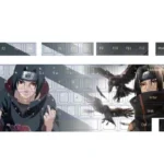 Premium PBT Itachi Uchiha Dye-Sub keycap set for Naruto fans, displayed from multiple angles to highlight their iconic dark aesthetics and intricate design.
