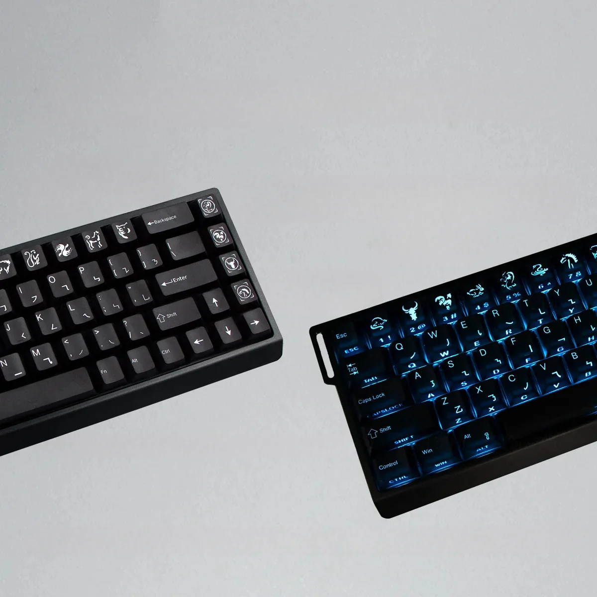 Jackie Chan Talisman PBT keycaps set. Vibrant, cartoon-inspired iconic symbols like Dragon and Tiger shown from multiple angles. Playfully relive adventure.