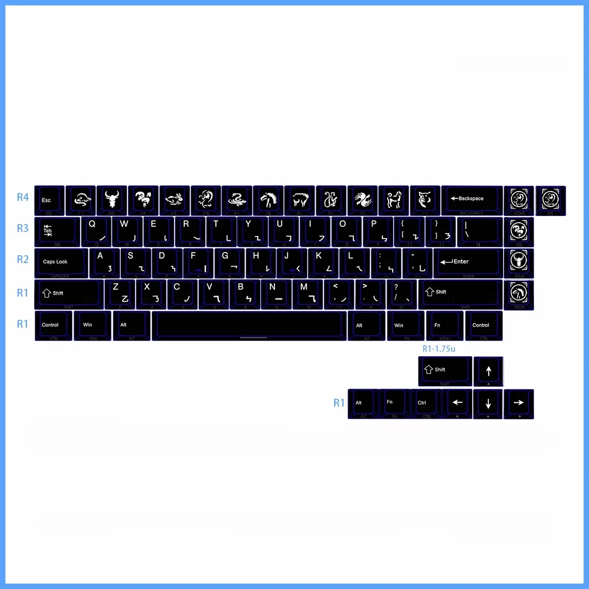 Vibrant Jackie Chan Talisman PBT keycaps set showcasing all twelve iconic symbols, perfect for reliving adventures with a playful, cartoon aesthetic.