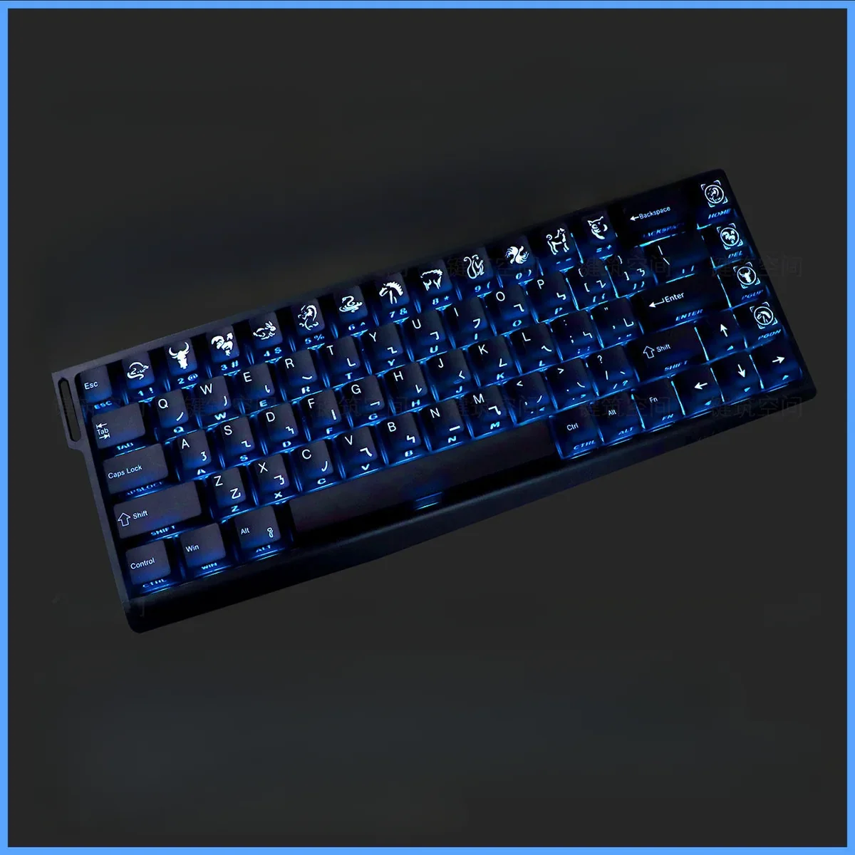 Playful Jackie Chan Talisman PBT keycaps set, showcasing vibrant, exclusive symbols from the Jackie Chan Adventures series. Relive the fun!