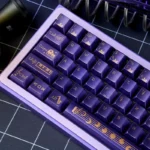Vibrant Jazz Rhapsody PC dye-sub keycap set for mechanical keyboards, displaying purple and cream jazz-themed keycaps from various angles.