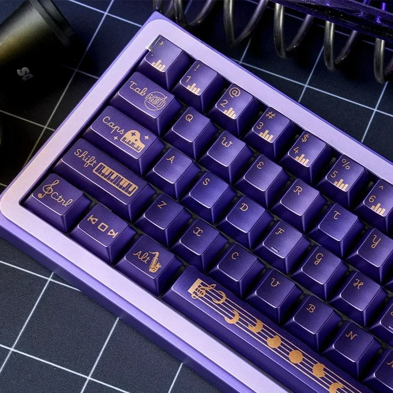 Vibrant Jazz Rhapsody PC dye-sub keycap set for mechanical keyboards, displaying purple and cream jazz-themed keycaps from various angles.