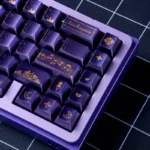 Jazz Rhapsody PC Dye-Sub Keycap Set for mechanical keyboards. Multiple views show purple and cream jazz-themed keys.